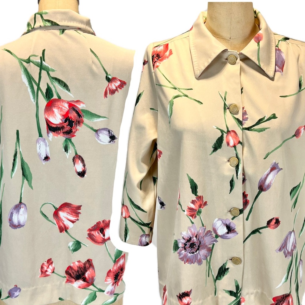 VINTAGE 70s tulip flower button down collar shirt blouse floral 3 quarter sleeve